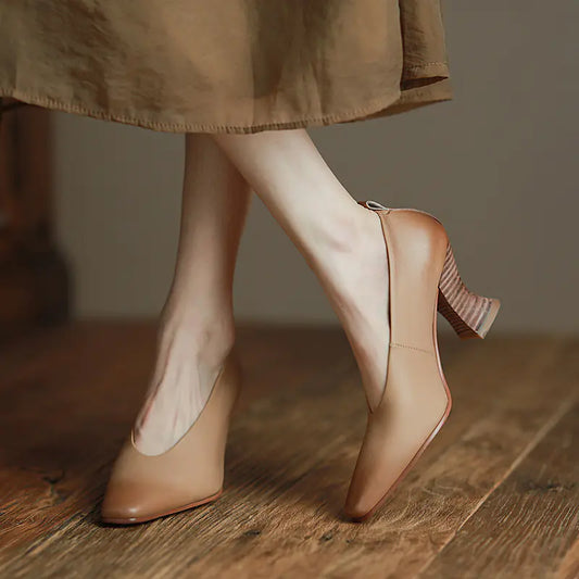 Chaussures rétro à talons épais en cuir grainé et bois pour toutes les saisons