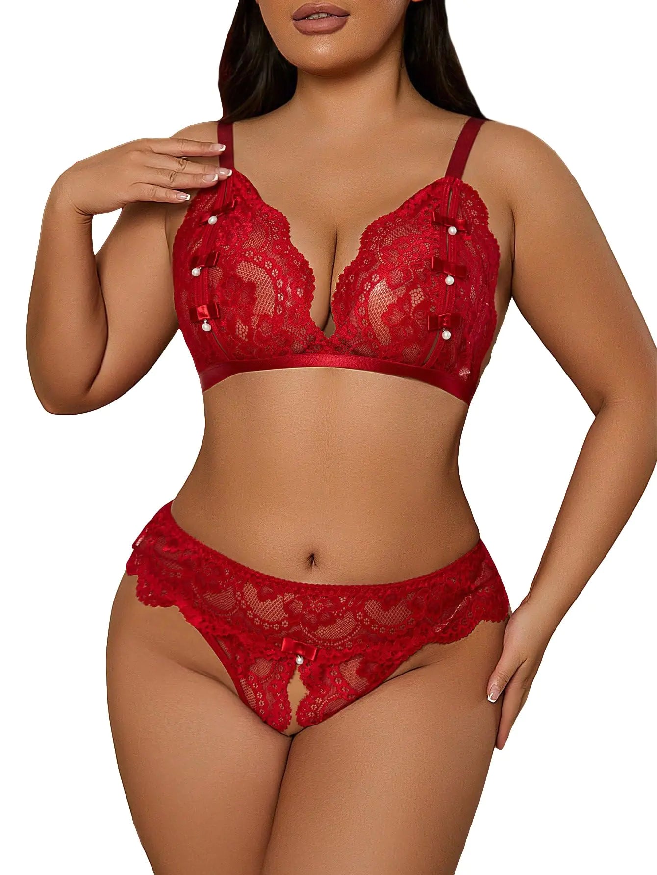 SOLY HUX Lingerie pour femme grande taille, ensemble soutien-gorge et culotte en dentelle transparente, couleur bordeaux uni, taille 2XL