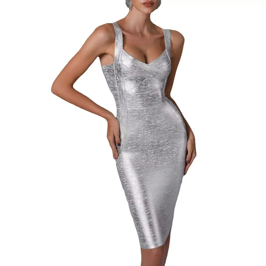 Robe bandage à feuilles dorées et argentées - Robe de soirée sans manches