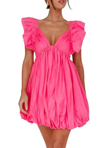 Robe mini d'été Hibshaby, décolleté en V profond, robe babydoll, robe bulle, dos nu, lacets, robe courte sexy, rose rouge, taille L