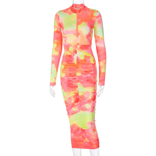 Robe mi-longue sexy à manches longues et fermeture éclair