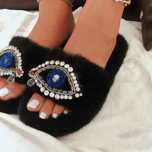 Demon Eye Faux Fur Velvet Slippers