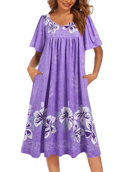 Robe de chambre plissée pour femme Ekouaer, chemise de nuit à manches courtes, robe Mumu, robe de détente avec poches