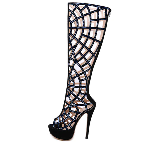 Hollow Rhinestone High Heels, Knee-High Boots, Plus Size
