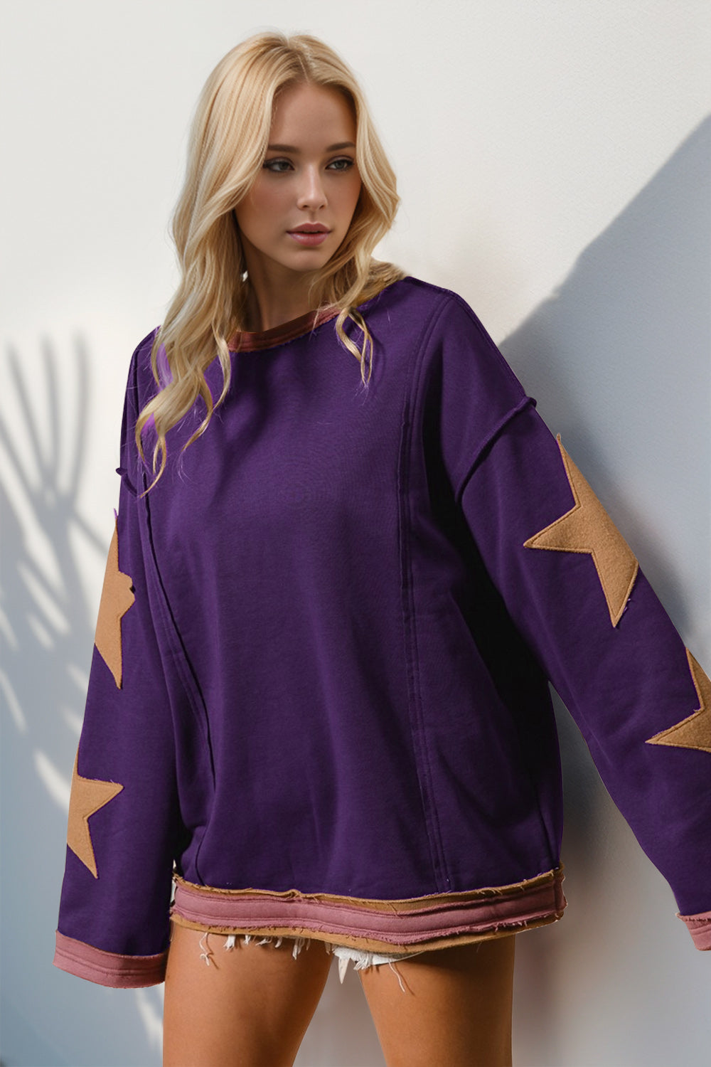 Double Take Star Patched Long Sleeve Sweatshirt Purple