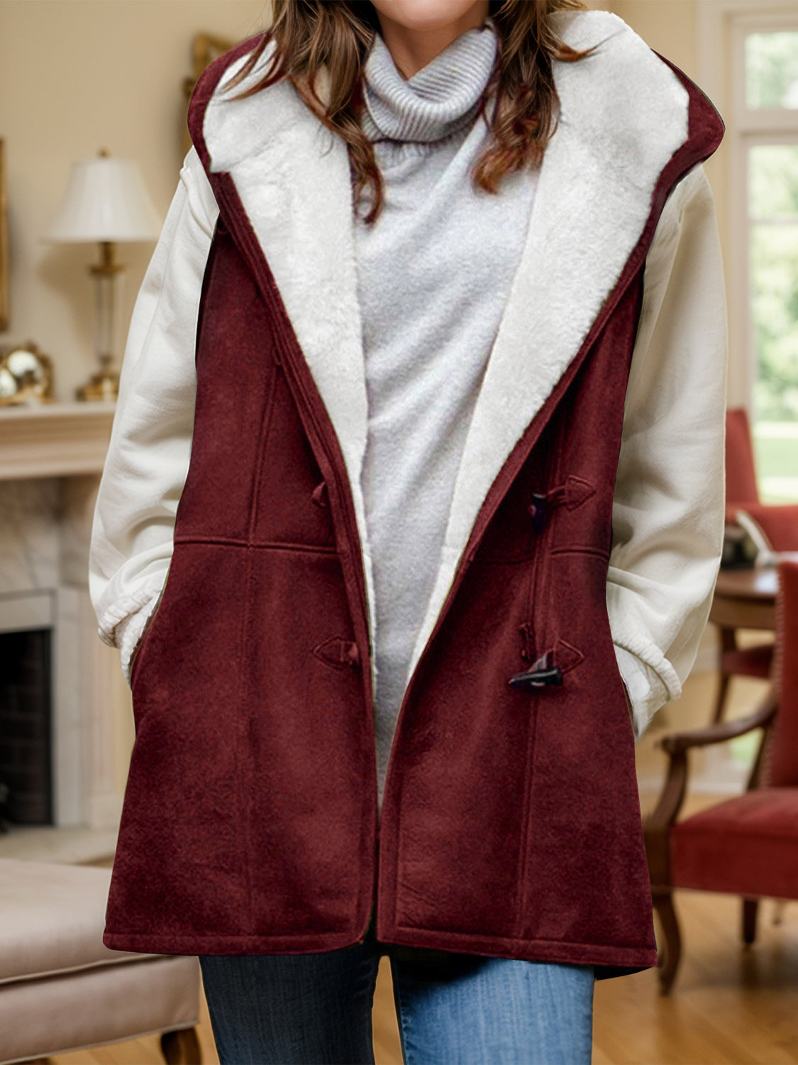 Fuzzy Hooded Vest Coat with Pockets Burgundy