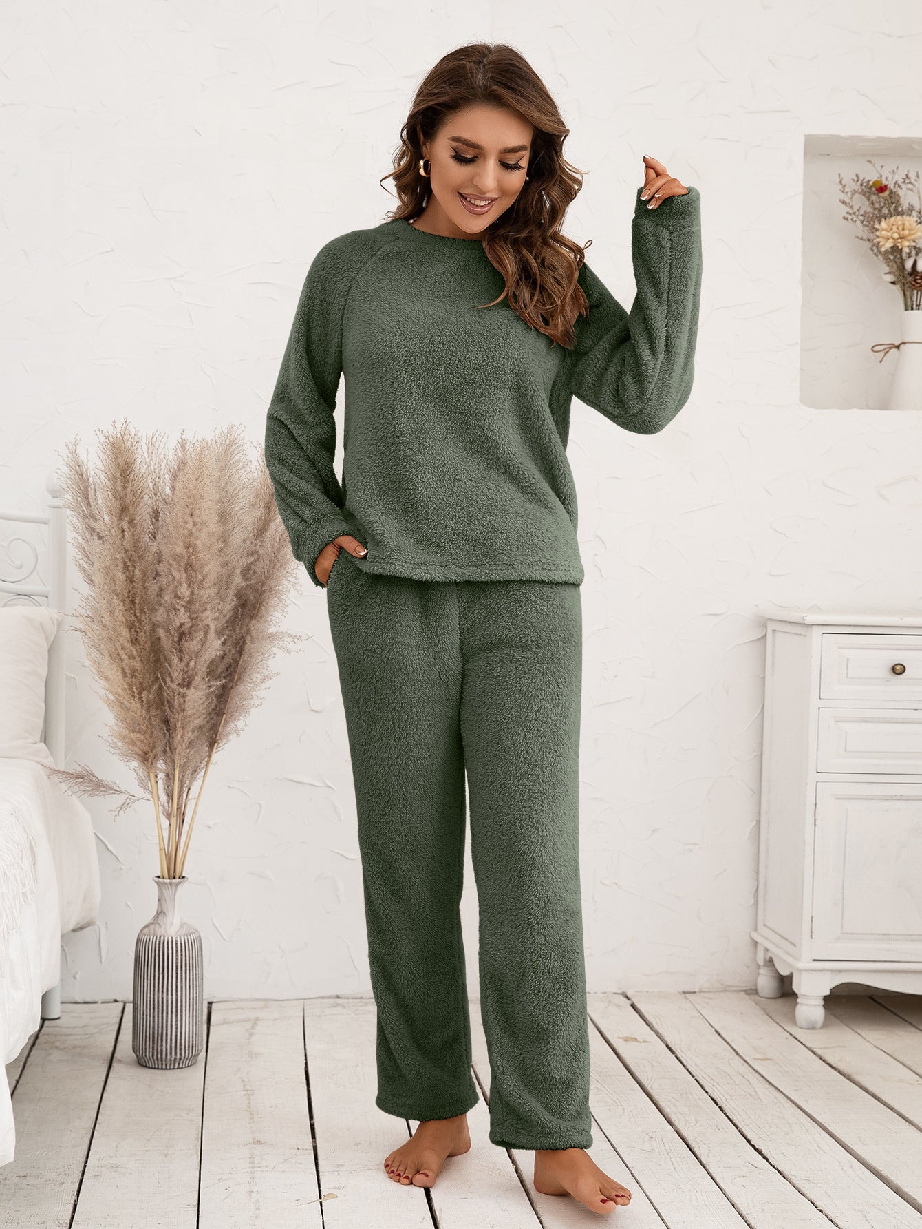 Ivy Lane Teddy Long Sleeve Top and Pants Lounge Set Matcha Green