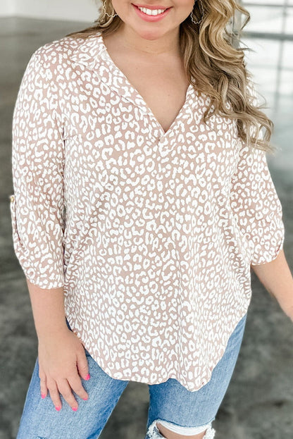 Apricot Leopard Tab Sleeve V Neck Plus Size Top Apricot