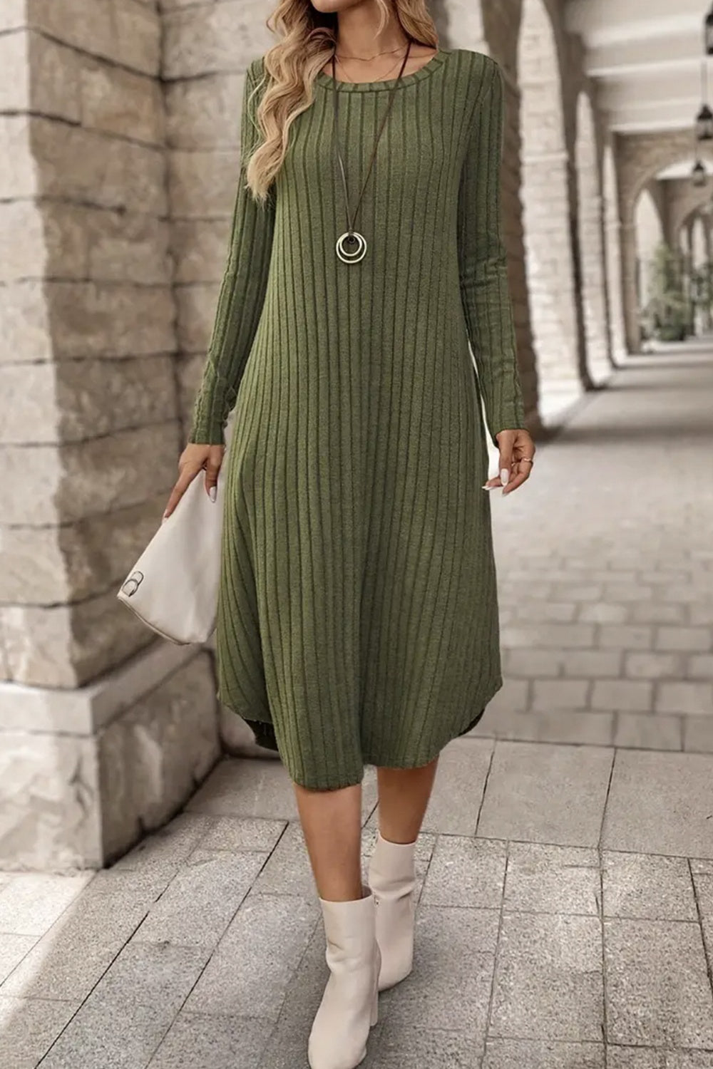 Ribbed Curved Hem Round Neck Long Sleeve Dress