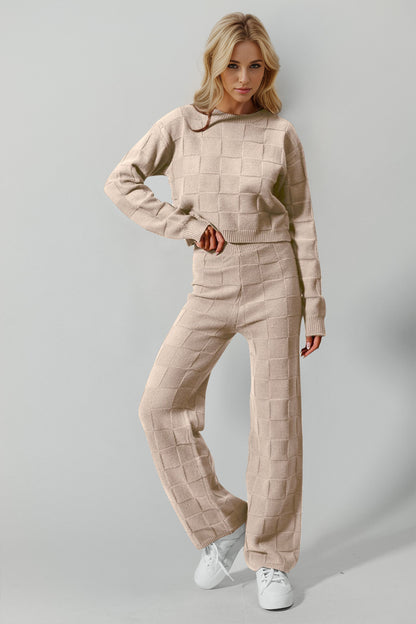 Double Take Full Size Checkered Round Neck Top and Pants Set Tan