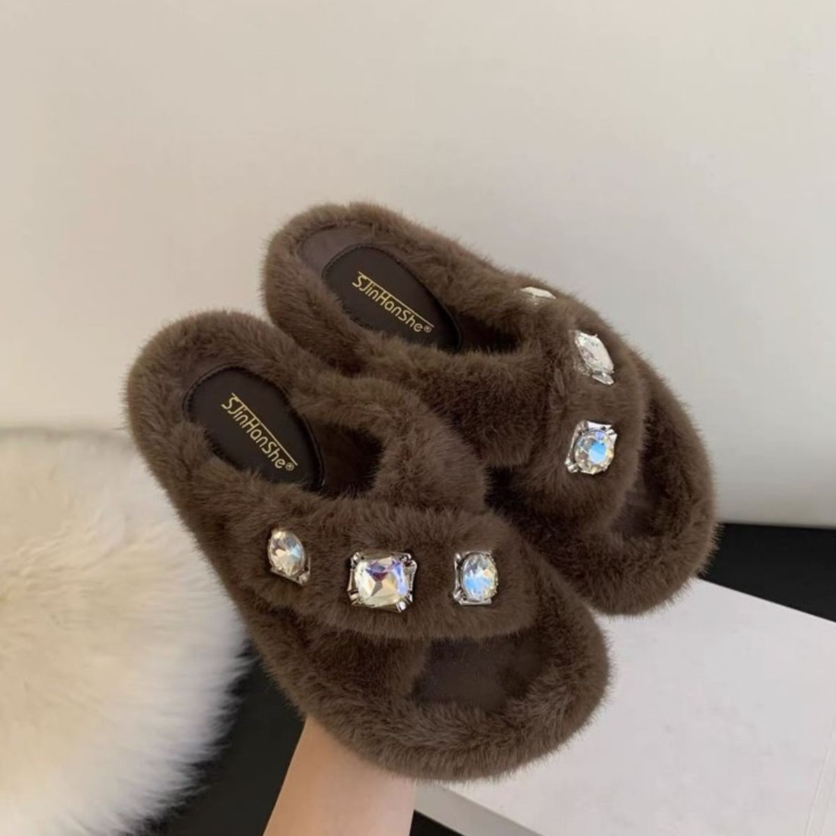 Crisscross Rhinestone Trim Open Toe Slippers Chocolate