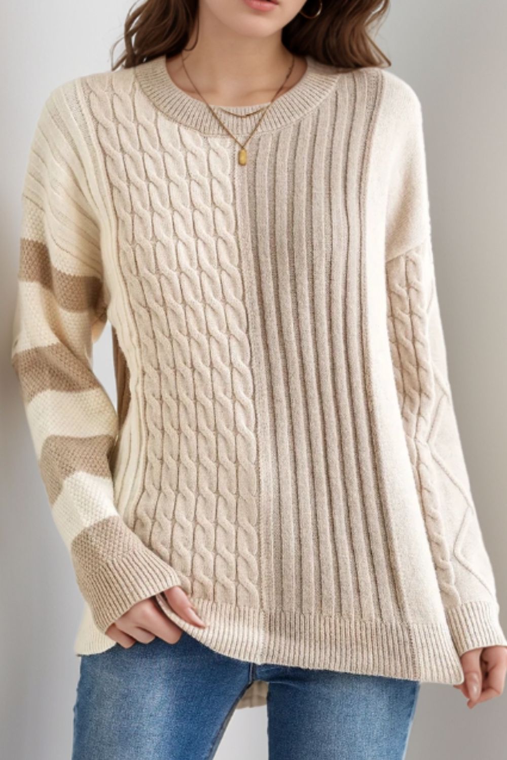 Cable-Knit Color Block Round Neck Sweater Tan