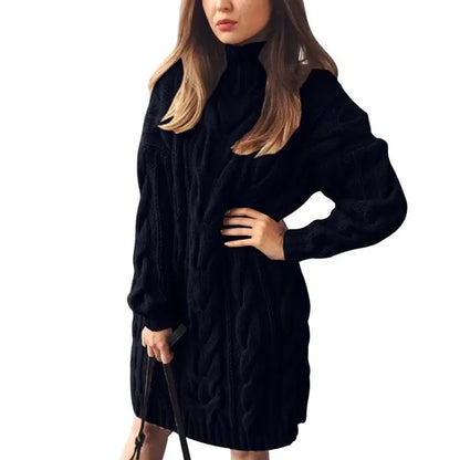 Turtleneck Twist Knitted Sweater Dress Black2 L