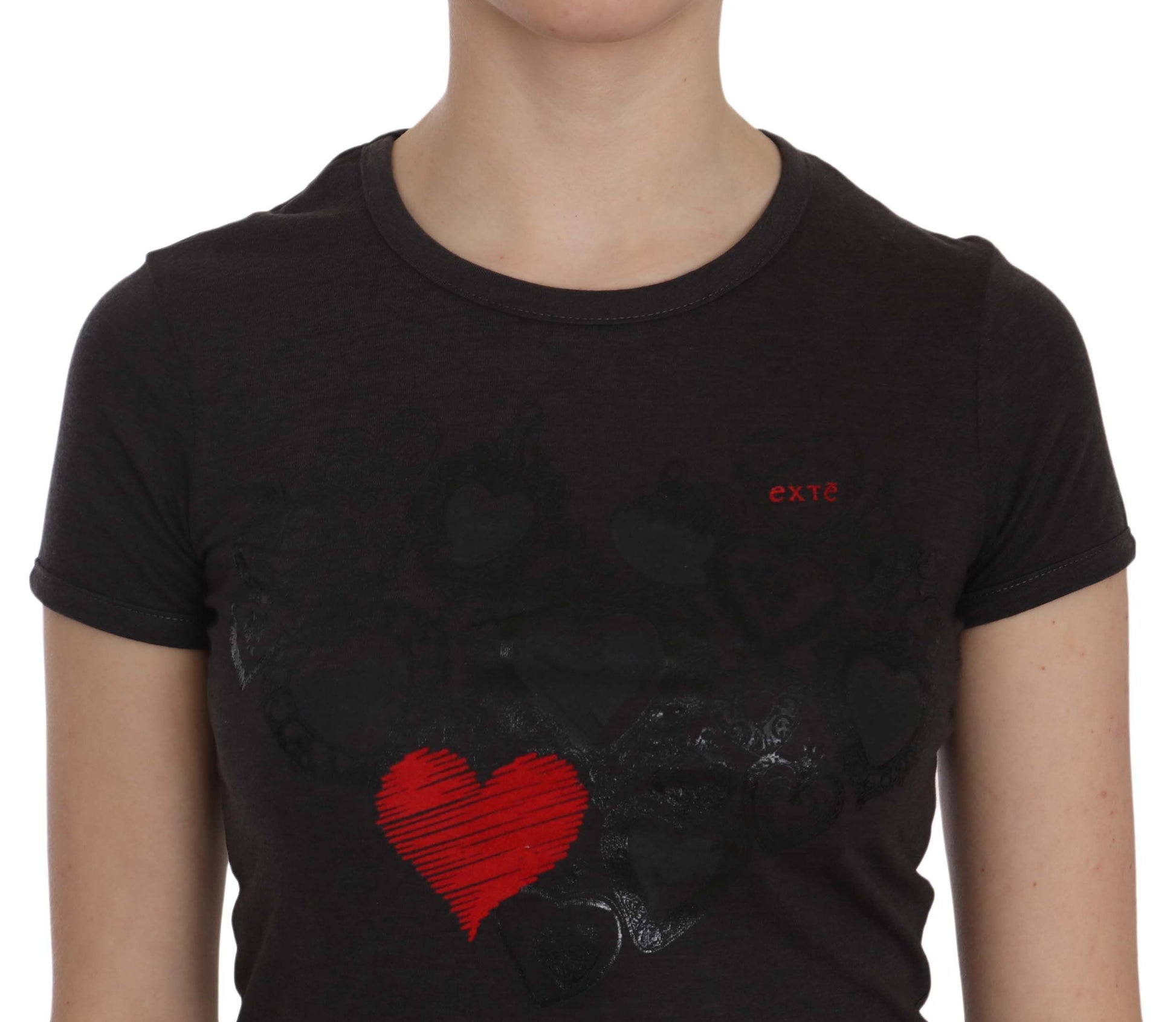 Exte Black Hearts Print Crew Neck Blouse