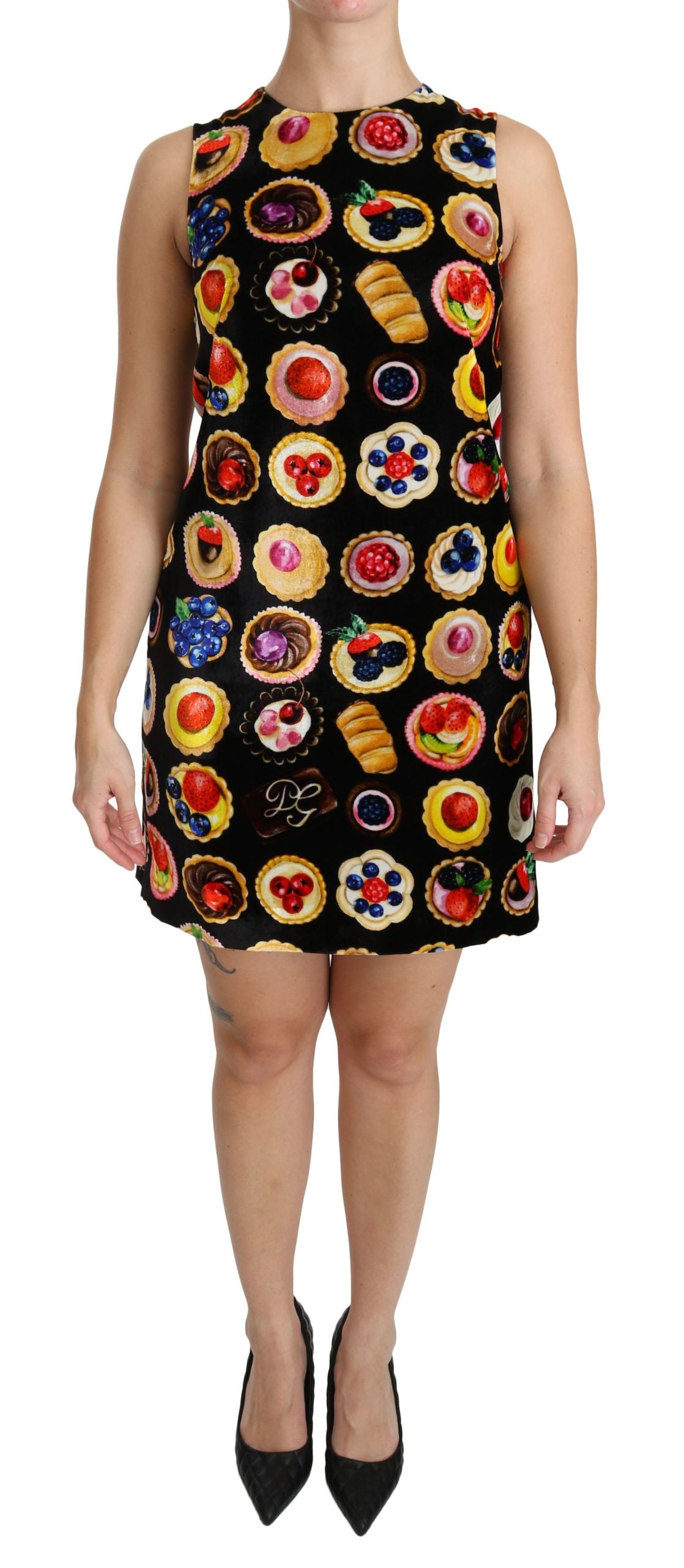 Dolce & Gabbana Chic Black Desserts Print Shift Mini Dress