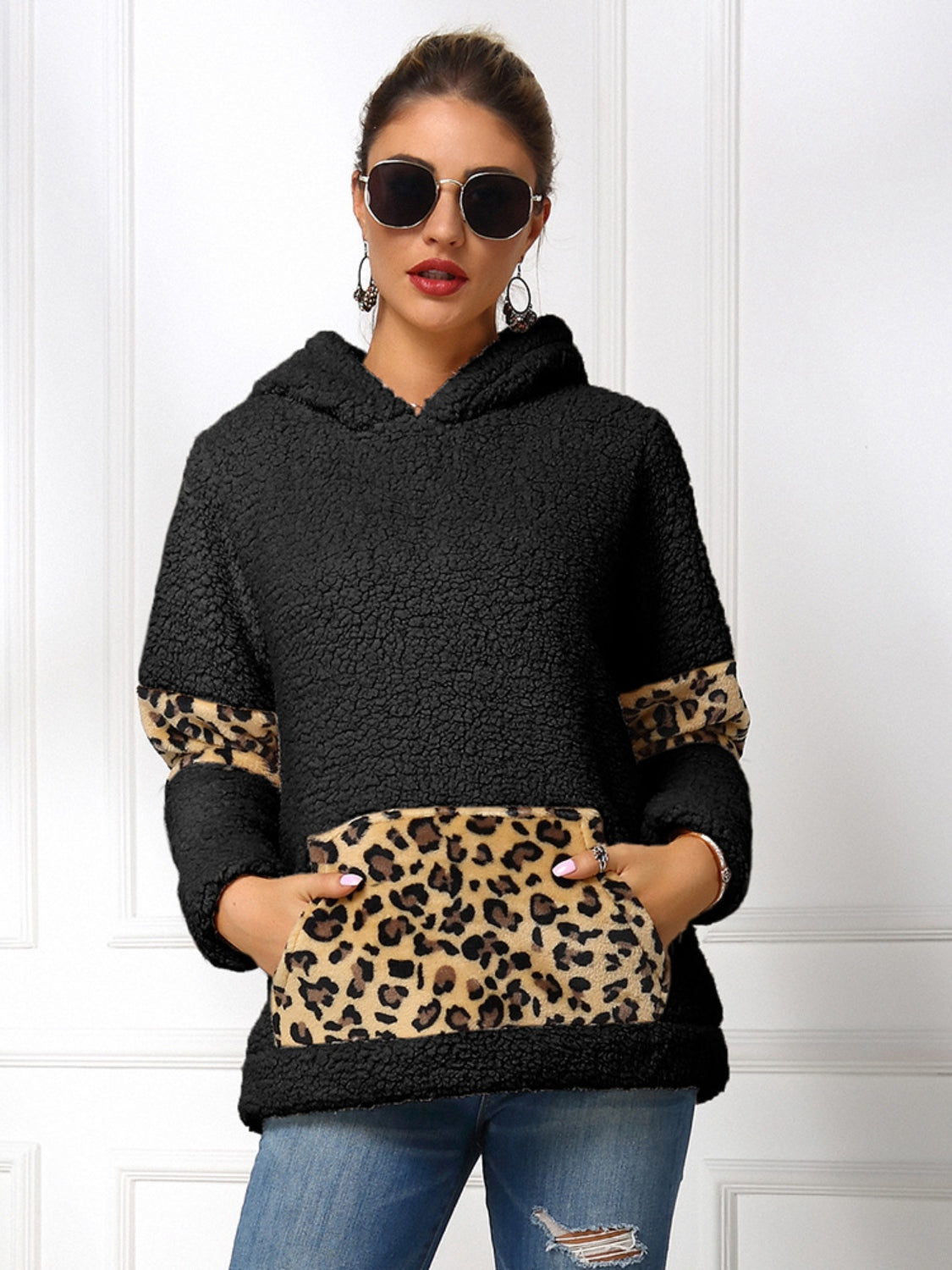 Ivy Lane Sherpa Leopard Long Sleeve Hoodie Black