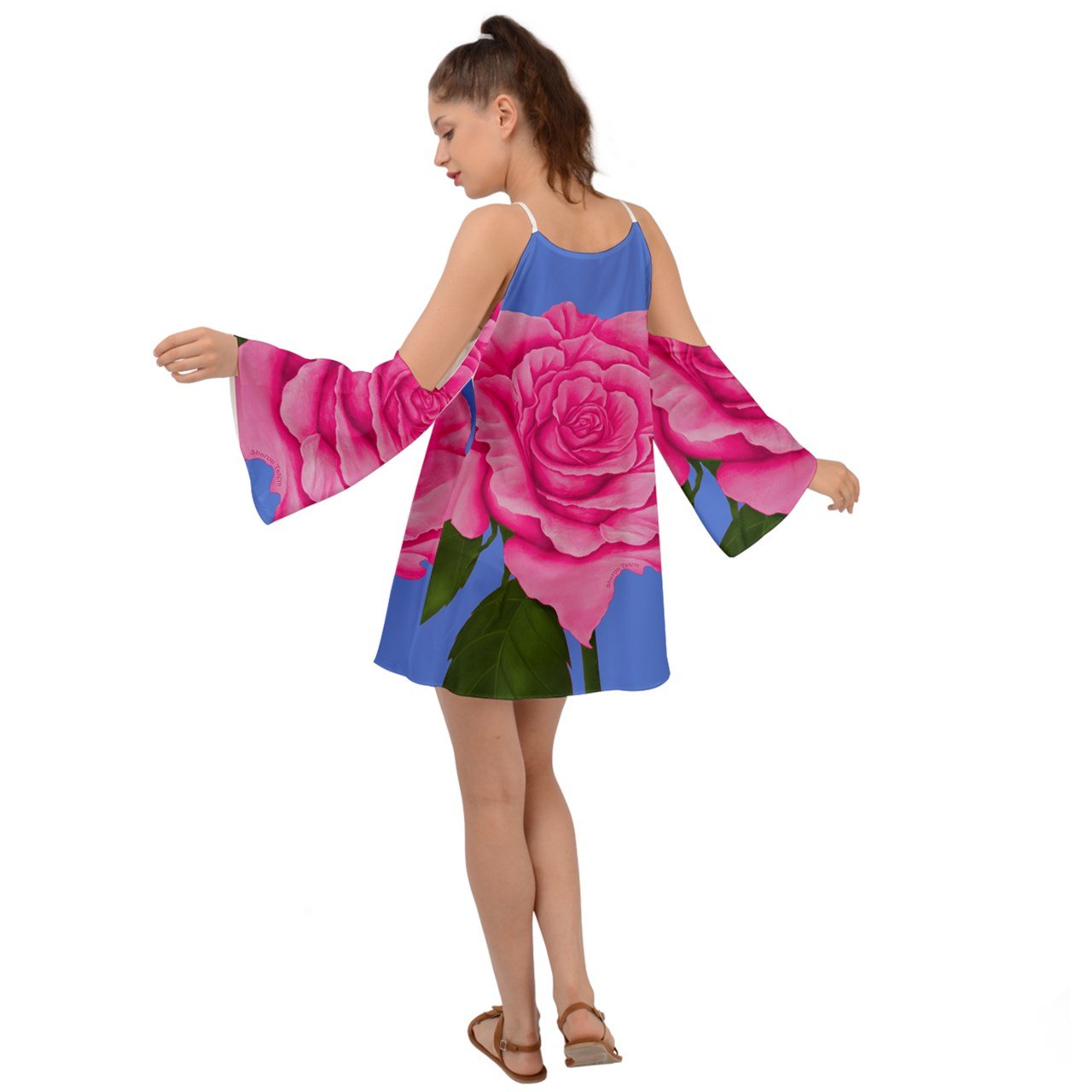 Pink Blue Rose Kimono Sleeves Boho Dress