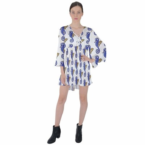 Boho Mini Dress Seahorse Fashion V-Neck Flare Sleeve Mini Dress 3XL