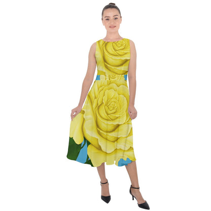 Yellow Aqua Rose Midi Tie-Back Chiffon Dress