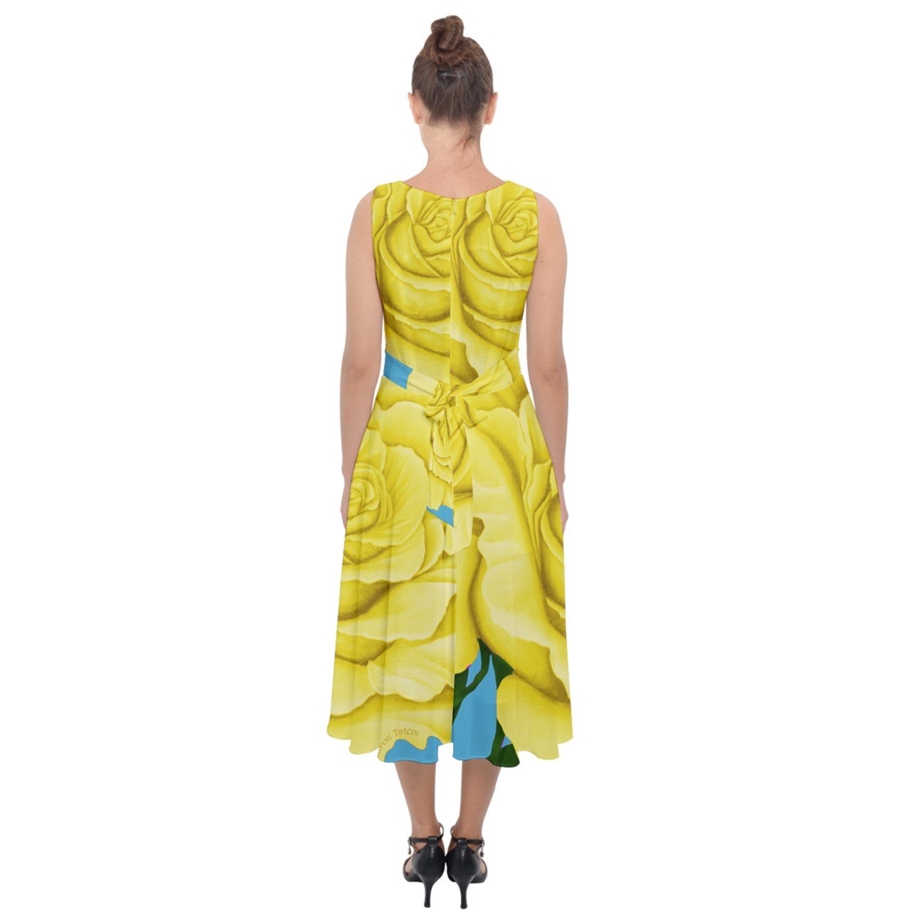 Yellow Aqua Rose Midi Tie-Back Chiffon Dress