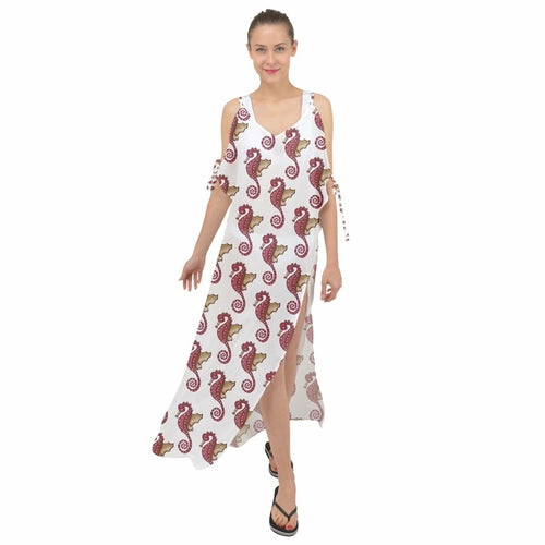 Red Seahorse Pattern Maxi Chiffon Cover Up Dress 3XL