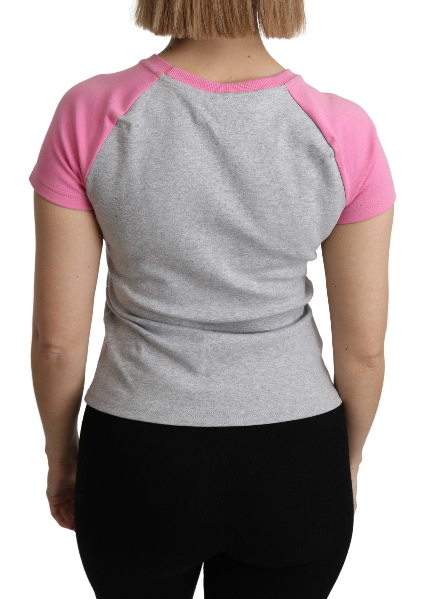 Moschino Chic Gray Crew Neck Cotton T-shirt with Pink Accents