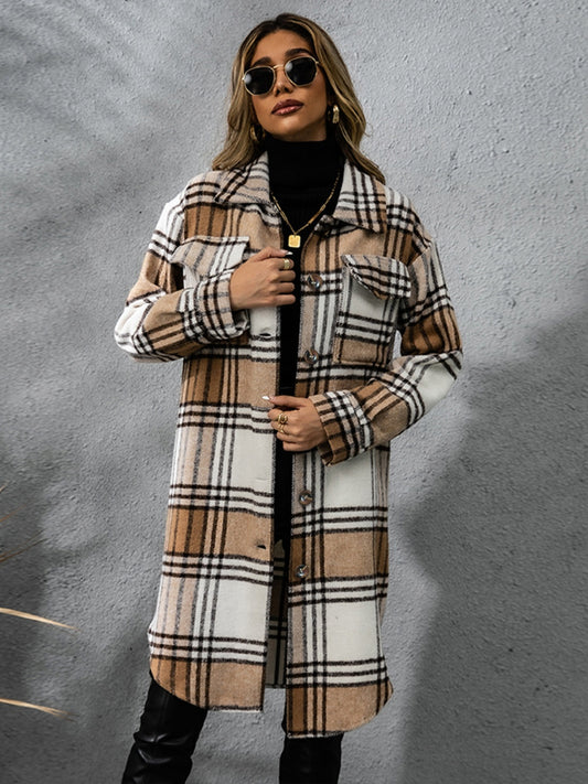 Plaid Collared Neck Long Sleeve Coat Camel