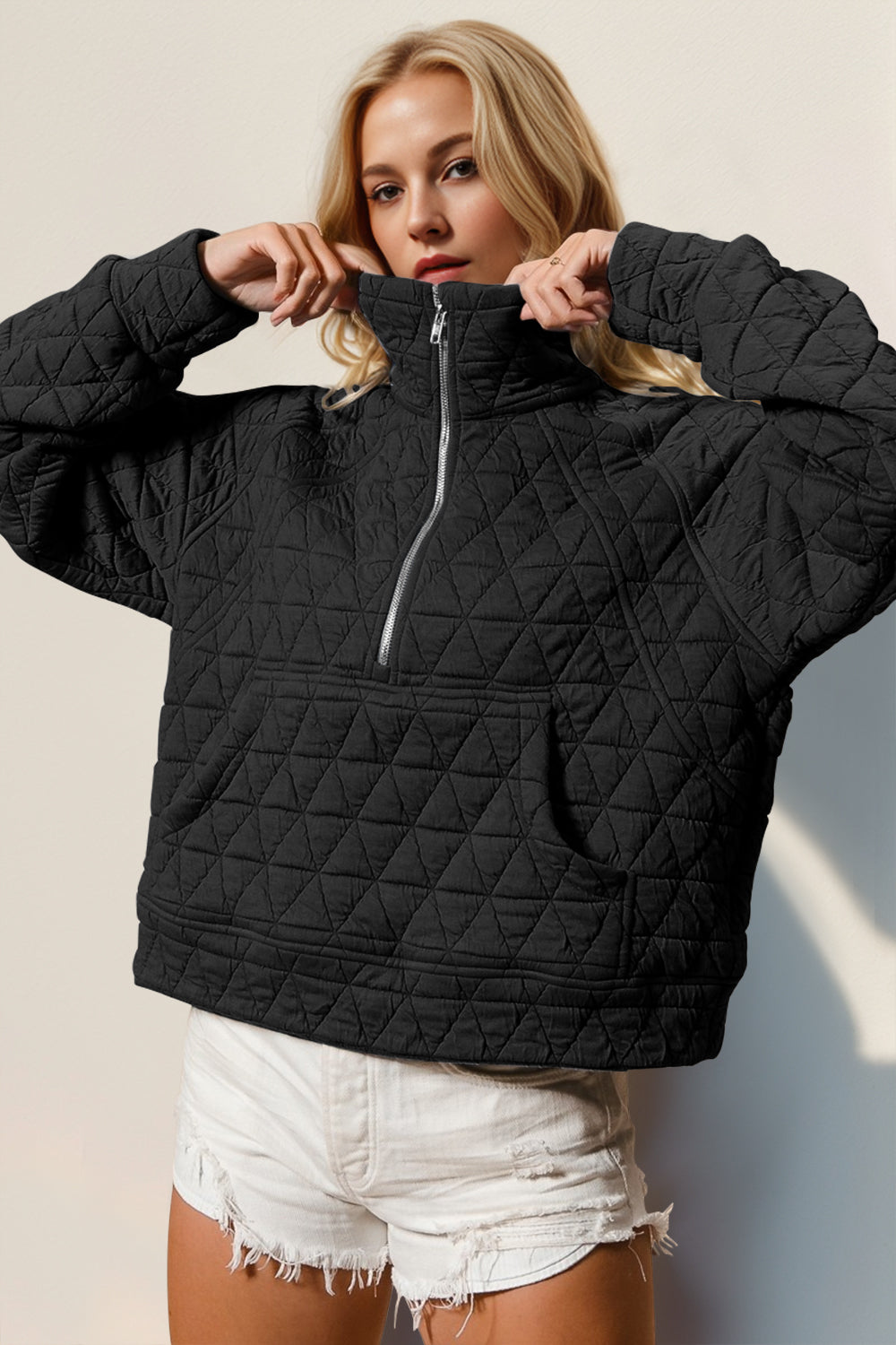 Double Take Half Zip Long Sleeve Quilted Sweatshirt with Pocket Black