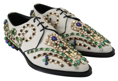 Dolce & Gabbana Elegant White Suede Dress Flats with Crystals