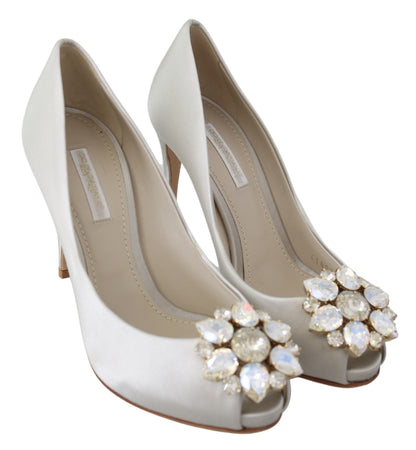 Dolce & Gabbana White Crystal Peep Toe Silk Blend Heels