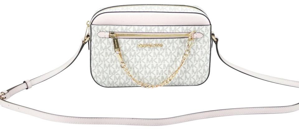 Michael Kors Jet Set Item Large East West Signature Leather Zip Chain Crossbody Handbag (Vanilla PVC/Powder Blush)