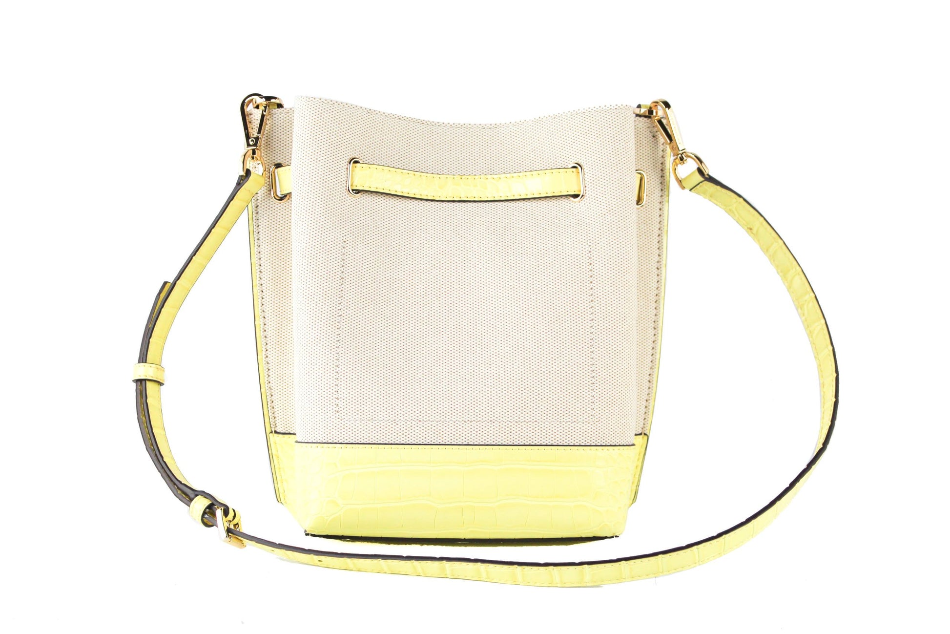 Michael Kors Emilia Small Canvas Snakeskin Print Leather Bucket Bag Messenger Crossbody Handbag (Buttercup)