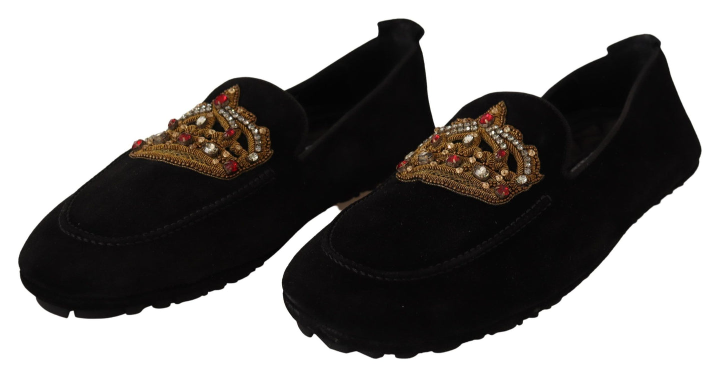 Dolce & Gabbana Elegant Black Leather Loafer Slides with Gold Embroidery