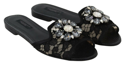 Dolce & Gabbana Elegant Black Lace Mules with Jewel Flower Detail