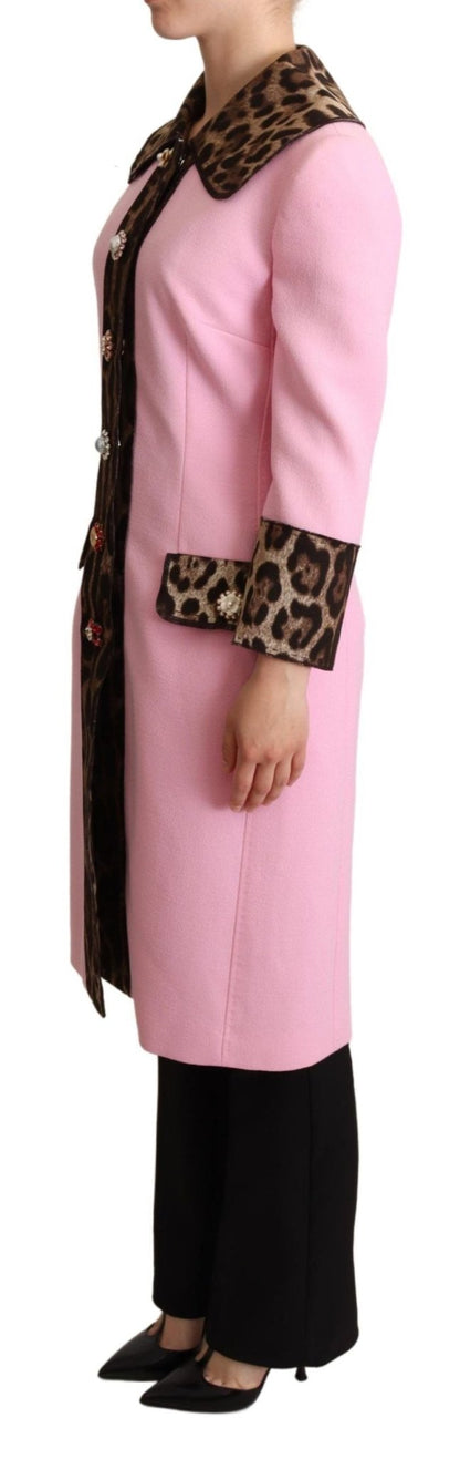 Dolce & Gabbana Chic Pink Leopard Trench with Crystal Buttons