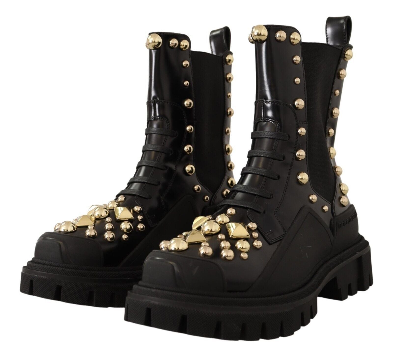 Dolce & Gabbana Studded Leather Combat Boots with Embroidery