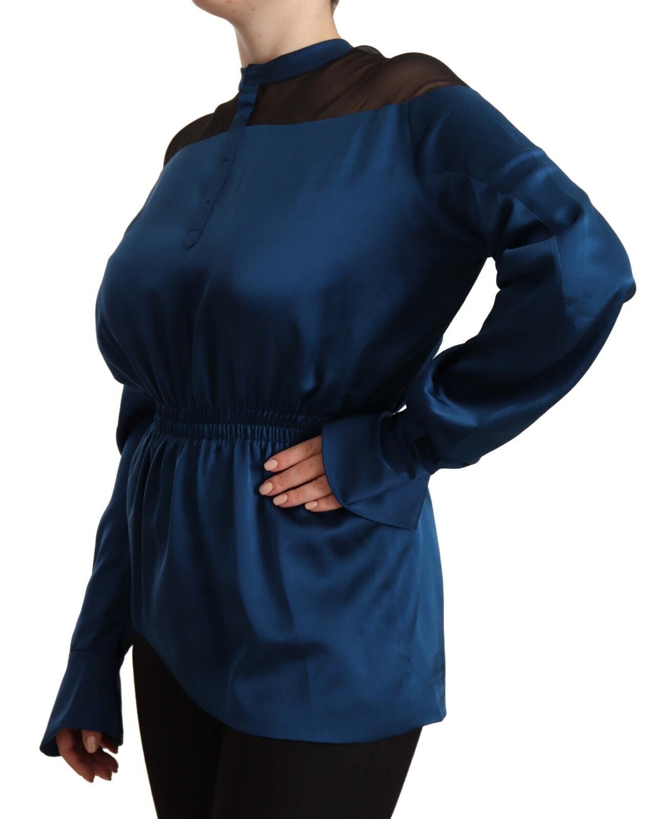 Masha Ma Elegant Crew Neck Silk Blouse in Blue