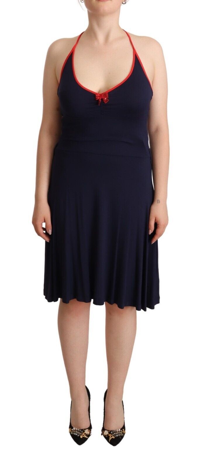 Roccobarocco Navy Blue Cotton Midi Halter Dress