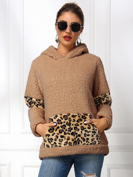 Ivy Lane Sherpa Leopard Long Sleeve Hoodie Camel