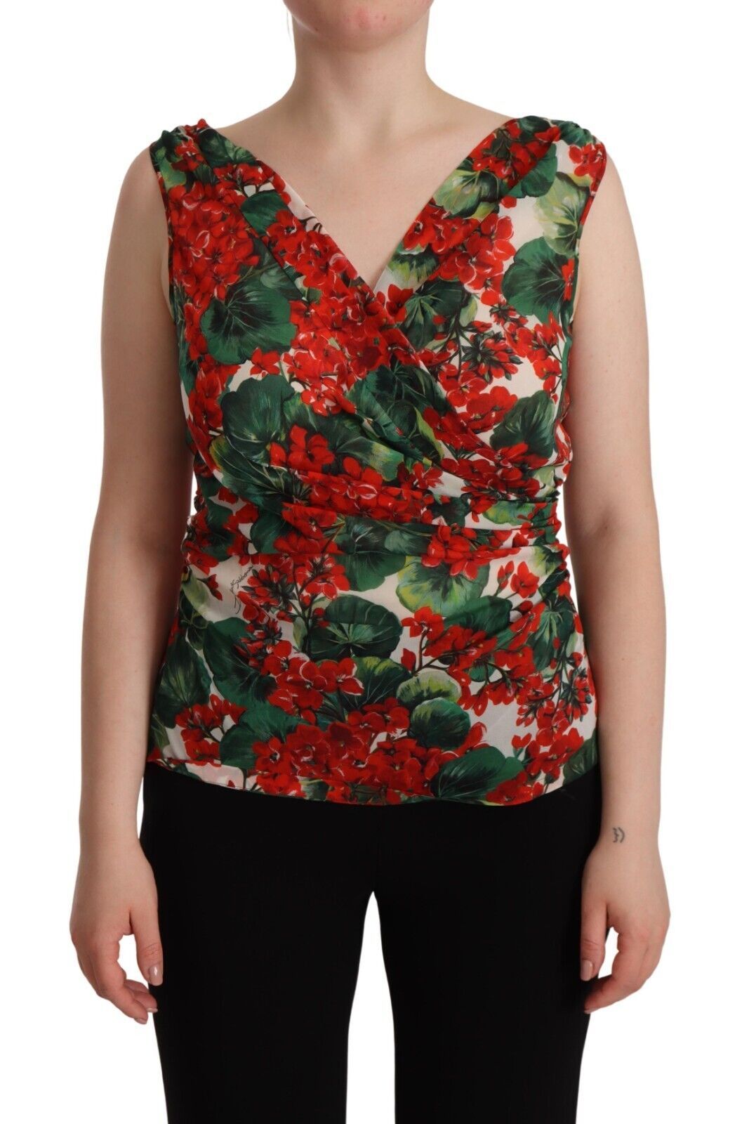 Dolce & Gabbana Elegant V-Neck Geranium Print Silk Tank Top