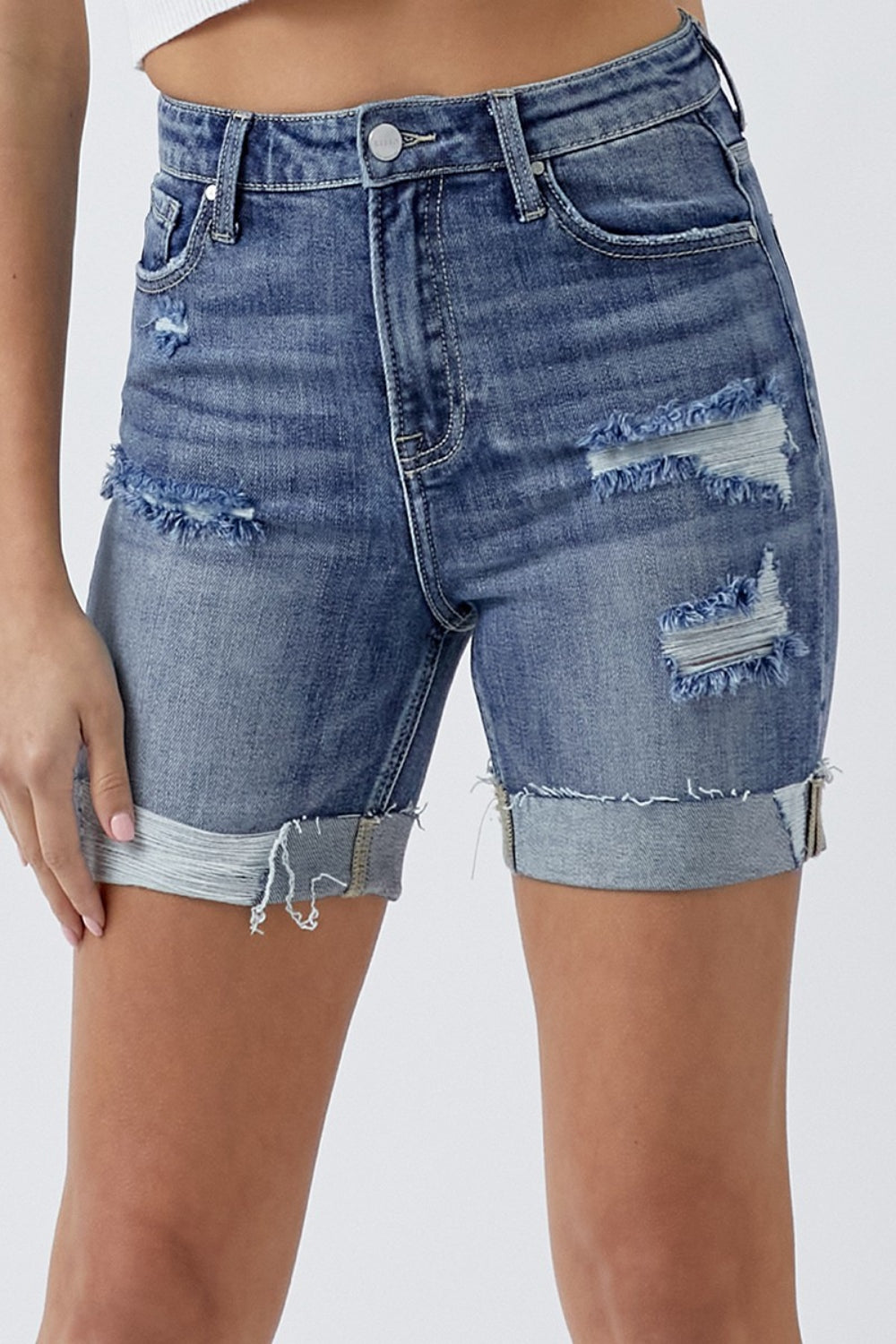 RISEN Full Size Distressed Rolled Denim Shorts with Pockets Medium