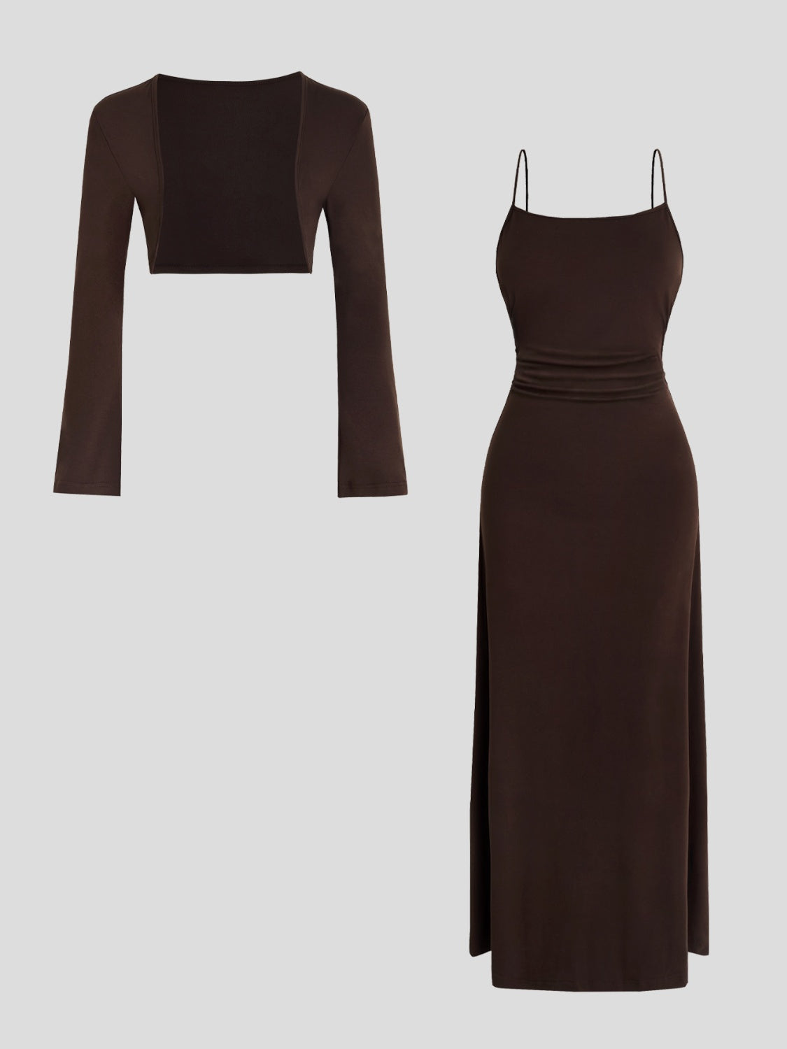 Ruched Scoop Neck Maxi Cami Dress and Cover Up Set Chocolate