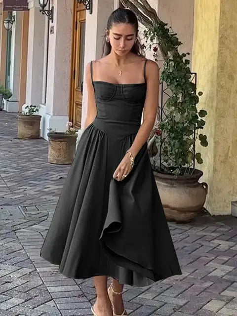 Elegant Spaghetti Strap Midi Black XL