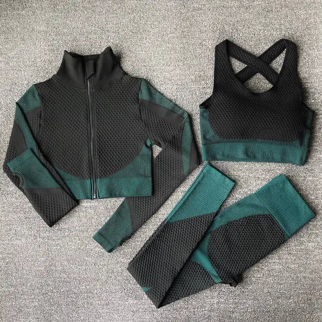 Seamless Sports Suits 3PcsSetDarkGreen L