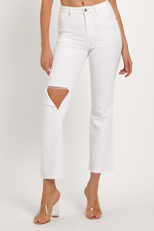 RISEN Full Size Distressed Cropped Straight Jeans White