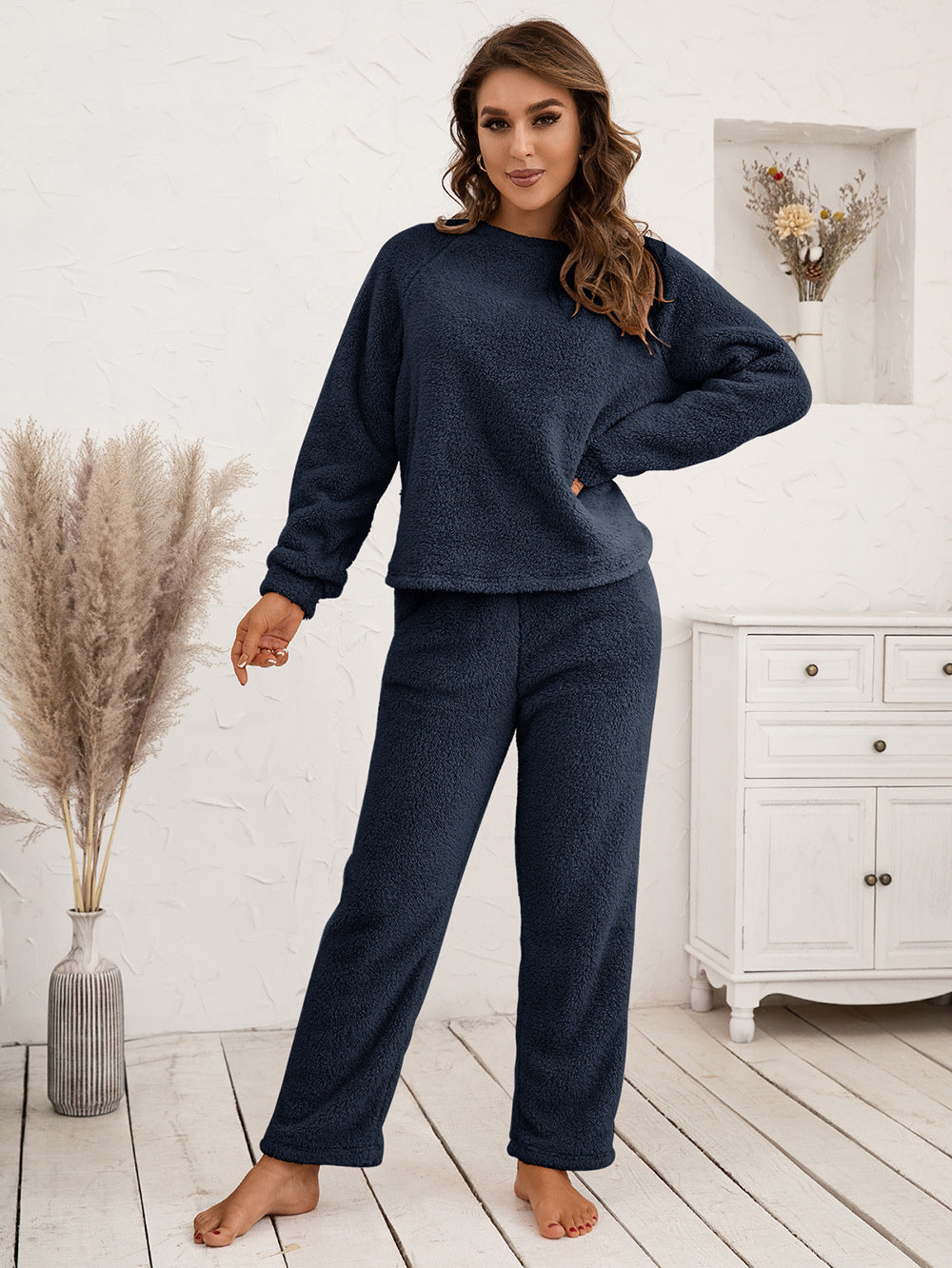 Ivy Lane Teddy Long Sleeve Top and Pants Lounge Set Dark Blue