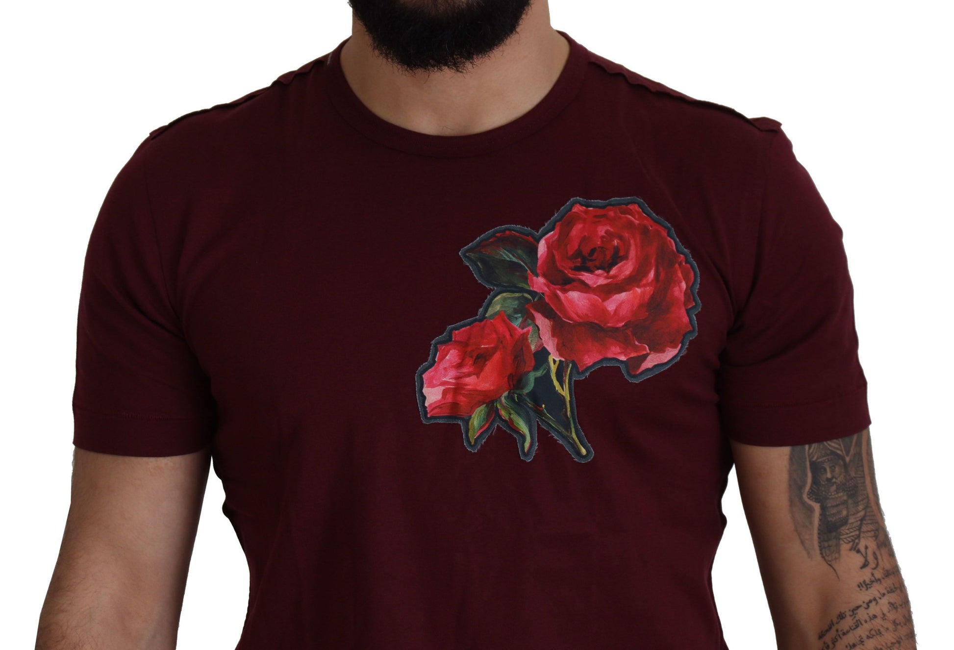 Dolce & Gabbana Elegant Bordeaux Roses Motif Crewneck Tee