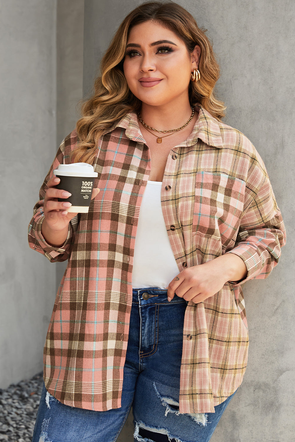 Pink Plus Size Color Block Plaid Long Sleeve Shirt with Pocket Pink