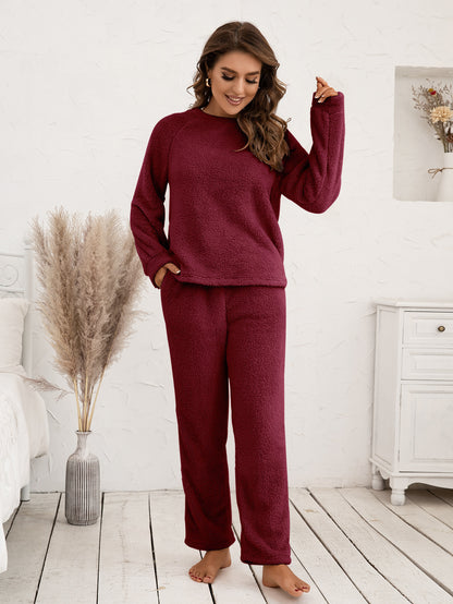 Ivy Lane Teddy Long Sleeve Top and Pants Lounge Set Burgundy