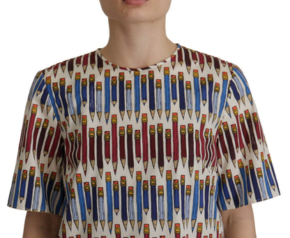 Dolce & Gabbana Chic White Pencil Print Short Sleeve Blouse